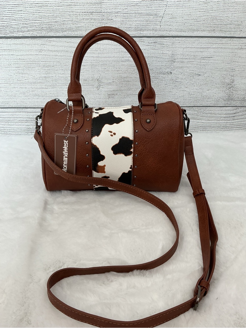 Montana West Brown Barrel Crossbody with Cowprint Accent